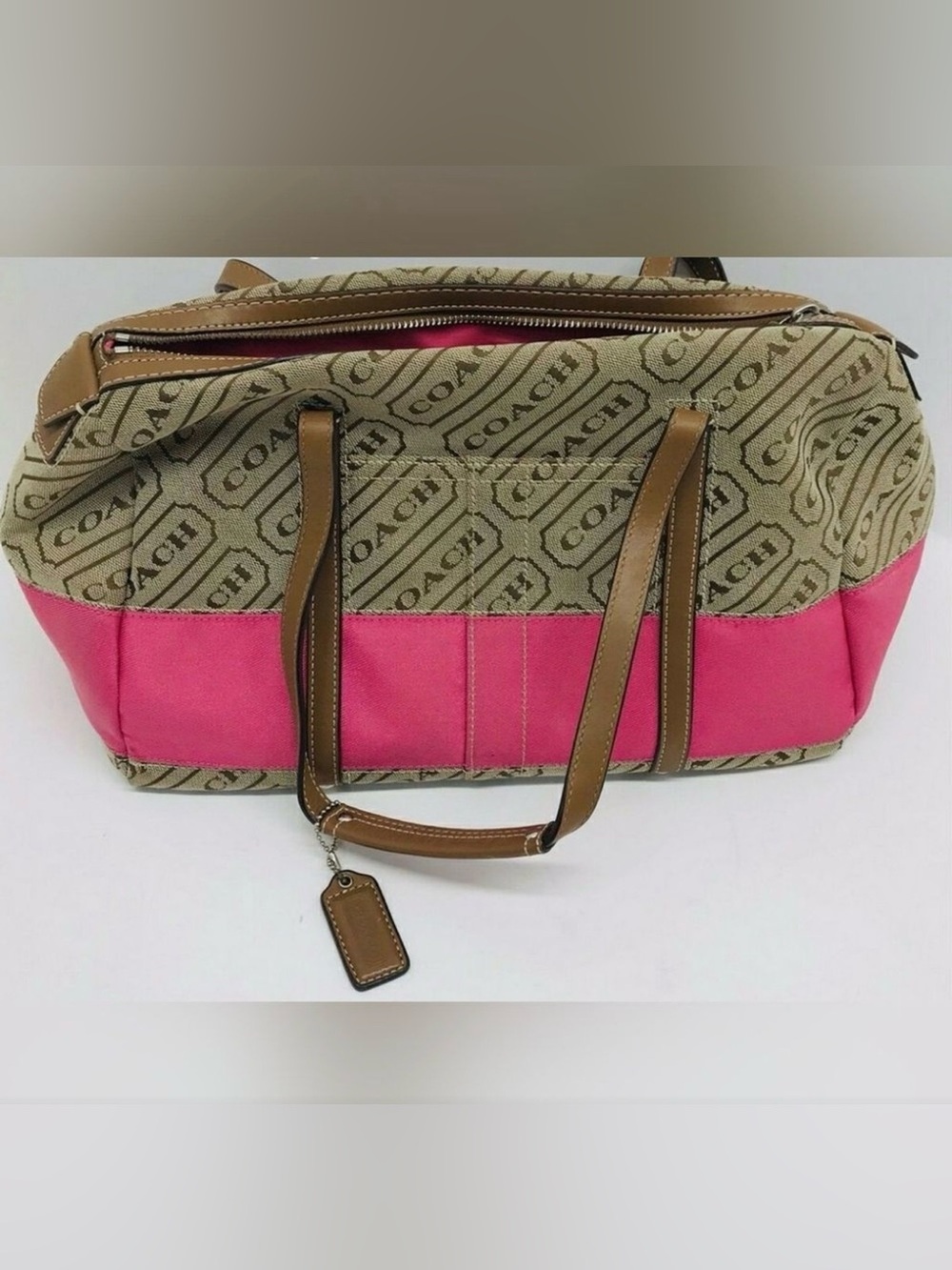 Vintage Coach Signature Canvas Tote with Pink Stripe and Tan Trim